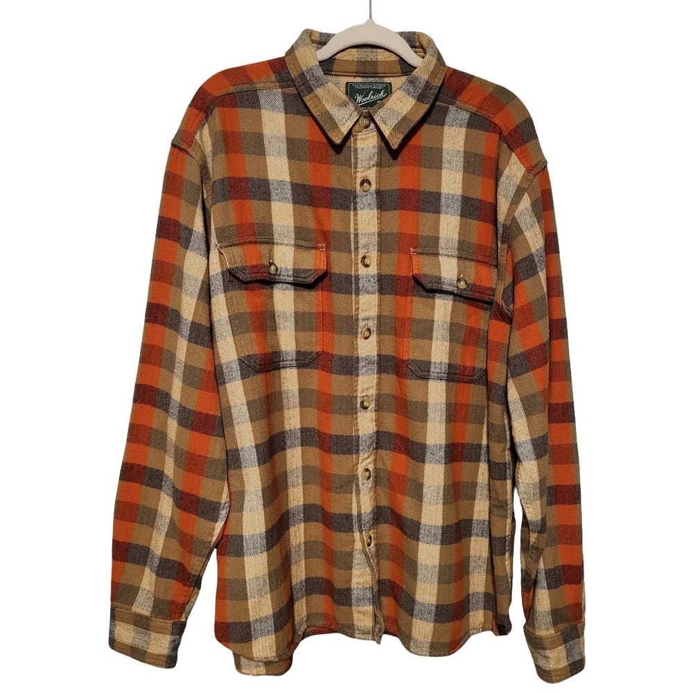 WOOLRICH Flannel Shirt Mens XL Brown Orange Plaid Workwear Heritage Blue Collar - Picture 2 of 11